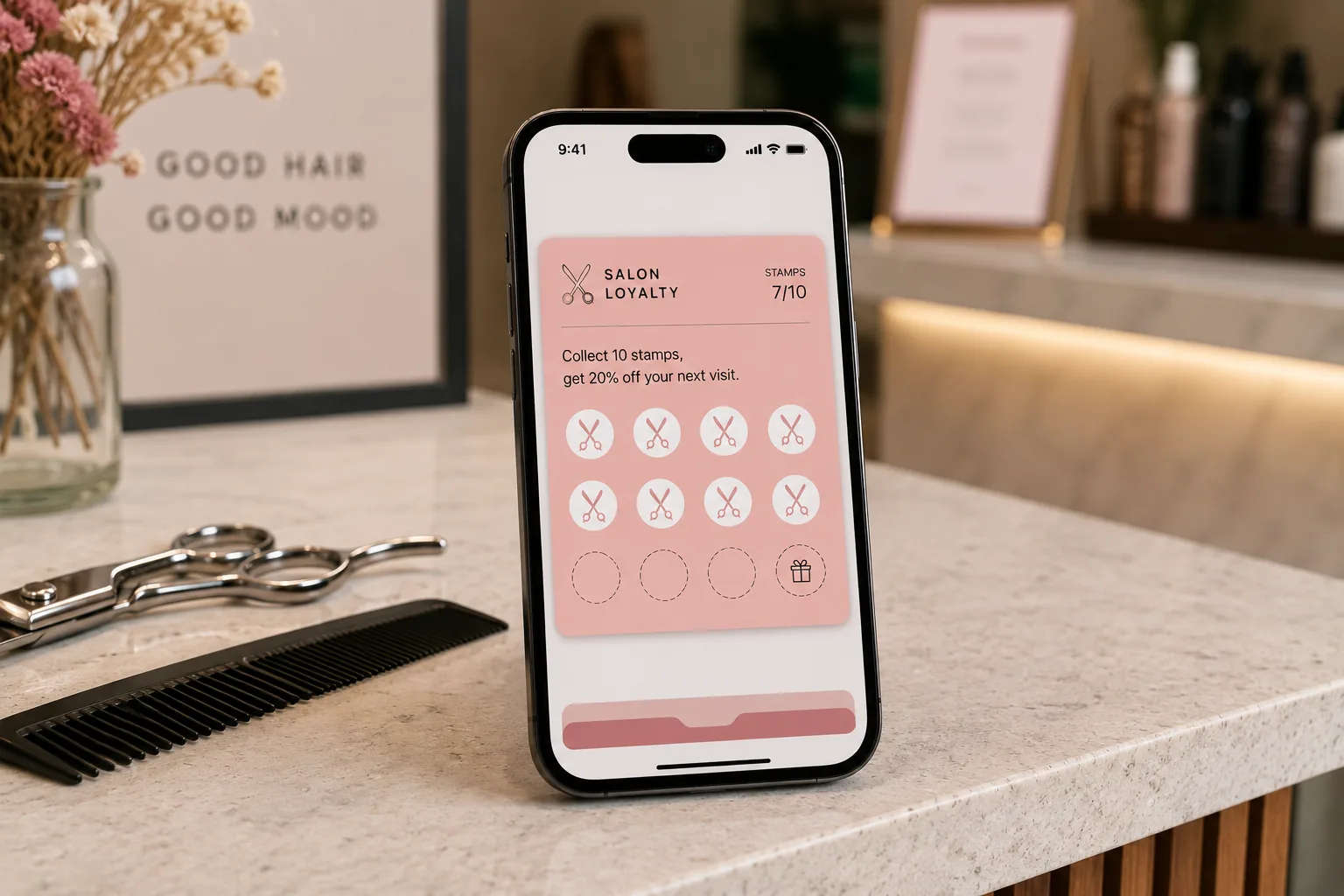 A branded salon loyalty card in Apple Wallet