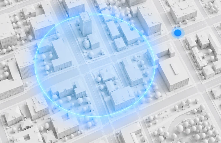 A radius around a shop, with a customer outside it