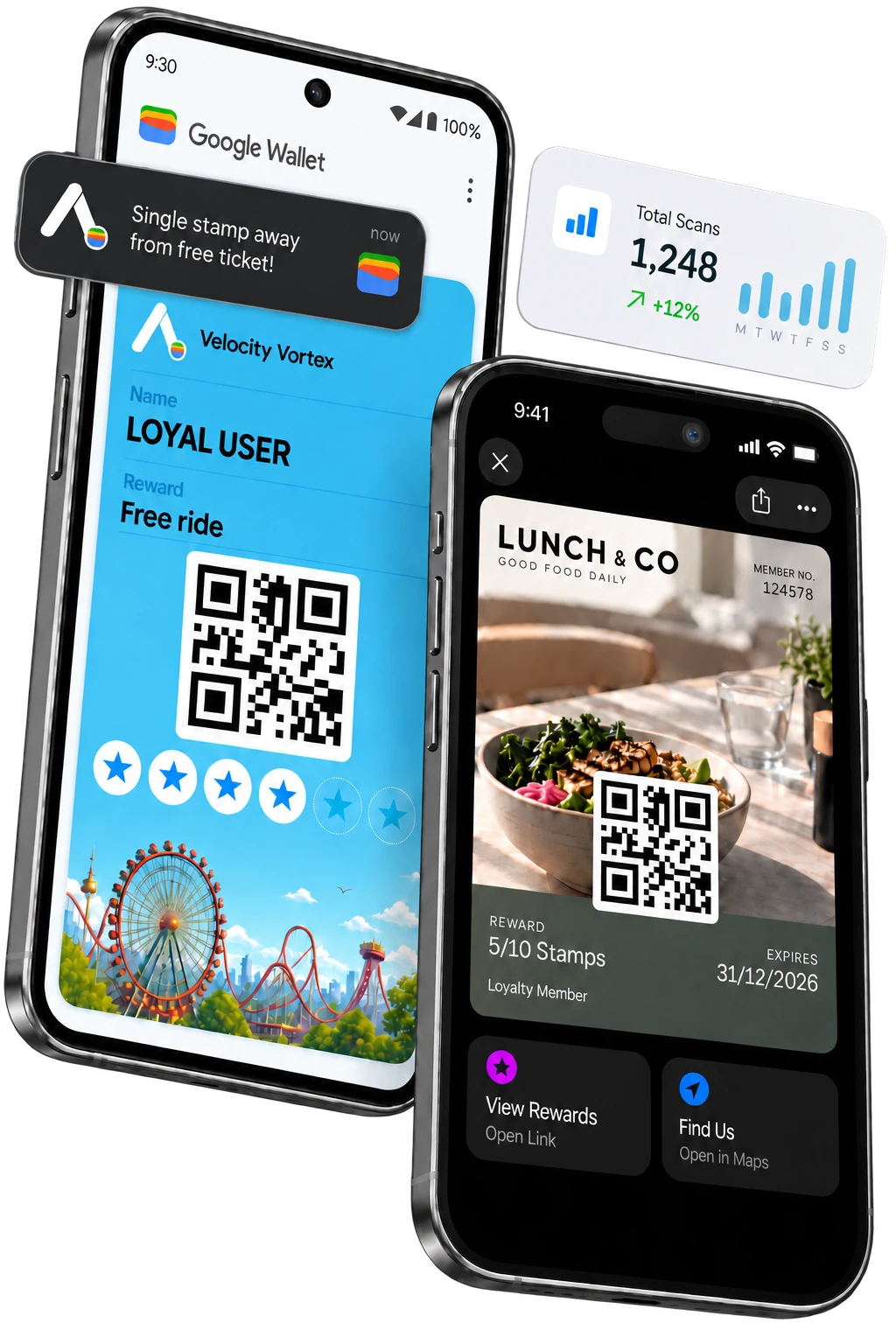 The same loyalty card open in Google Wallet on an Android phone and in Apple Wallet on an iPhone, with a lock-screen message and a scan count beside them