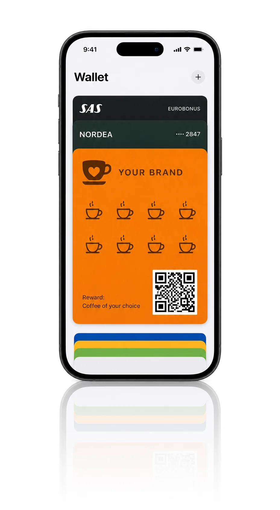 iPhone showing a branded loyalty stamp card in Apple Wallet